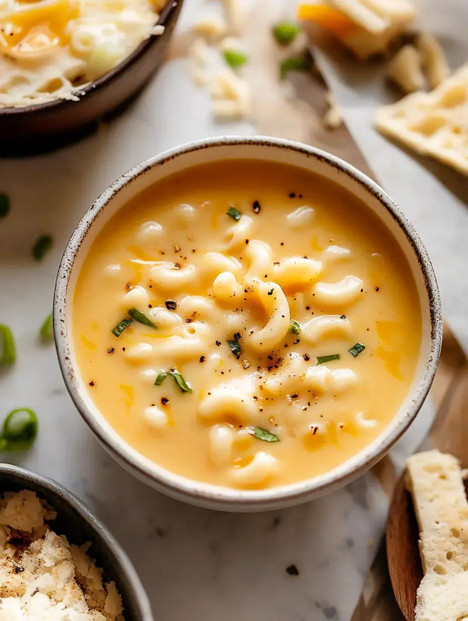 Cremige Mac and Cheese Suppe mit Frühlingszwiebeln, Pfeffer und Brotstücken – richtig lecker dekoriert.
