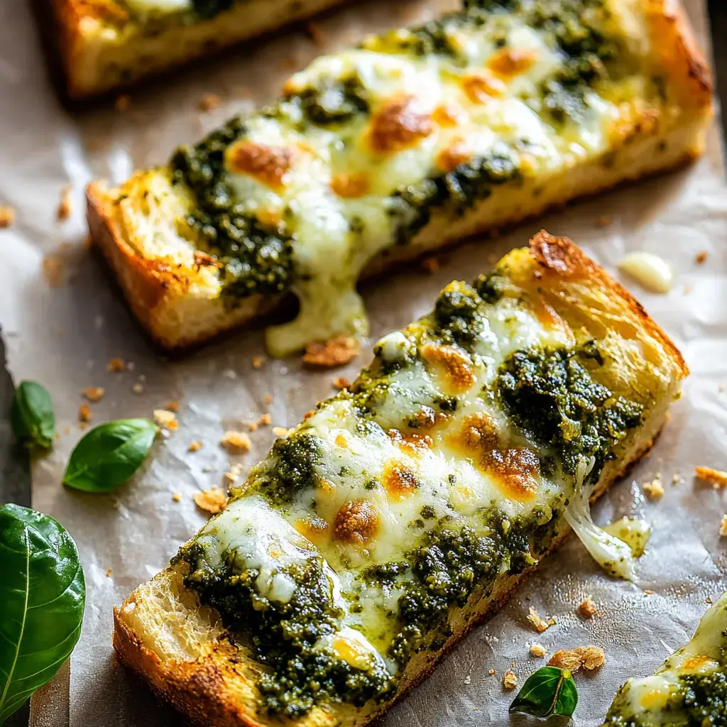 Drei Stücke getoastetes Brot mit geschmolzenem Käse und Pesto, angerichtet auf Backpapier mit frischen Basilikumblättern daneben.