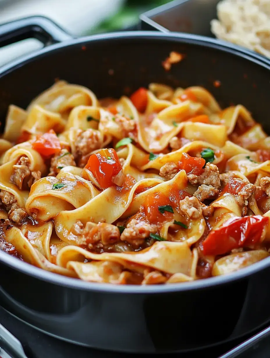 Topf voll Pasta, Wurst, Tomaten und frischen Kräutern – zum Wohlfühlen!
