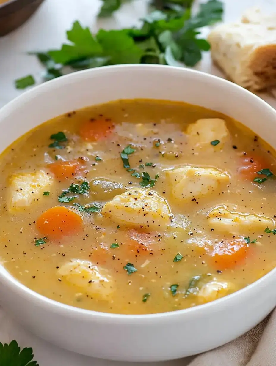 Ein Suppenteller voll kräftiger Suppe mit Klößchen, Karotten und Petersilie.