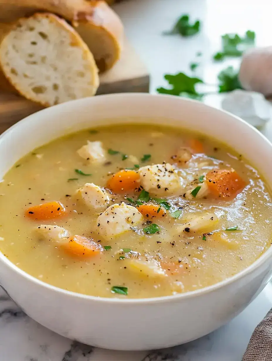 Kräftige Suppe mit Hähnchen, Karotten, Kräutern und Brot im Hintergrund.
