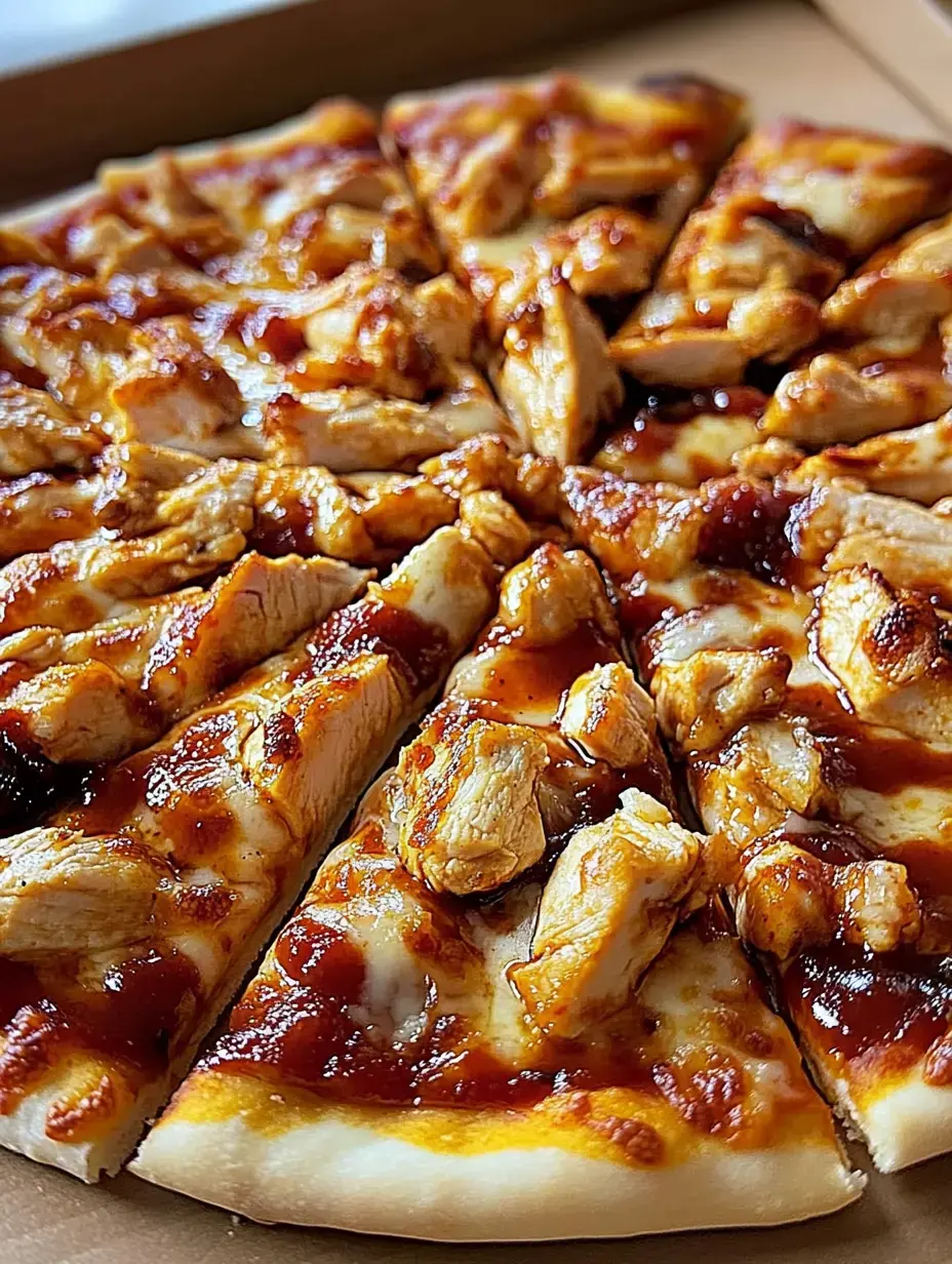 Pizza-Stück, getoppt mit gegrilltem Hähnchen und Barbecue-Soße aus der Nähe.