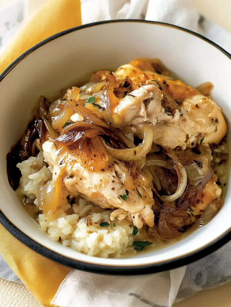 Eine Schüssel Hähnchen mit geschmorten Zwiebeln auf Reis, bestreut mit frischen Kräutern.
