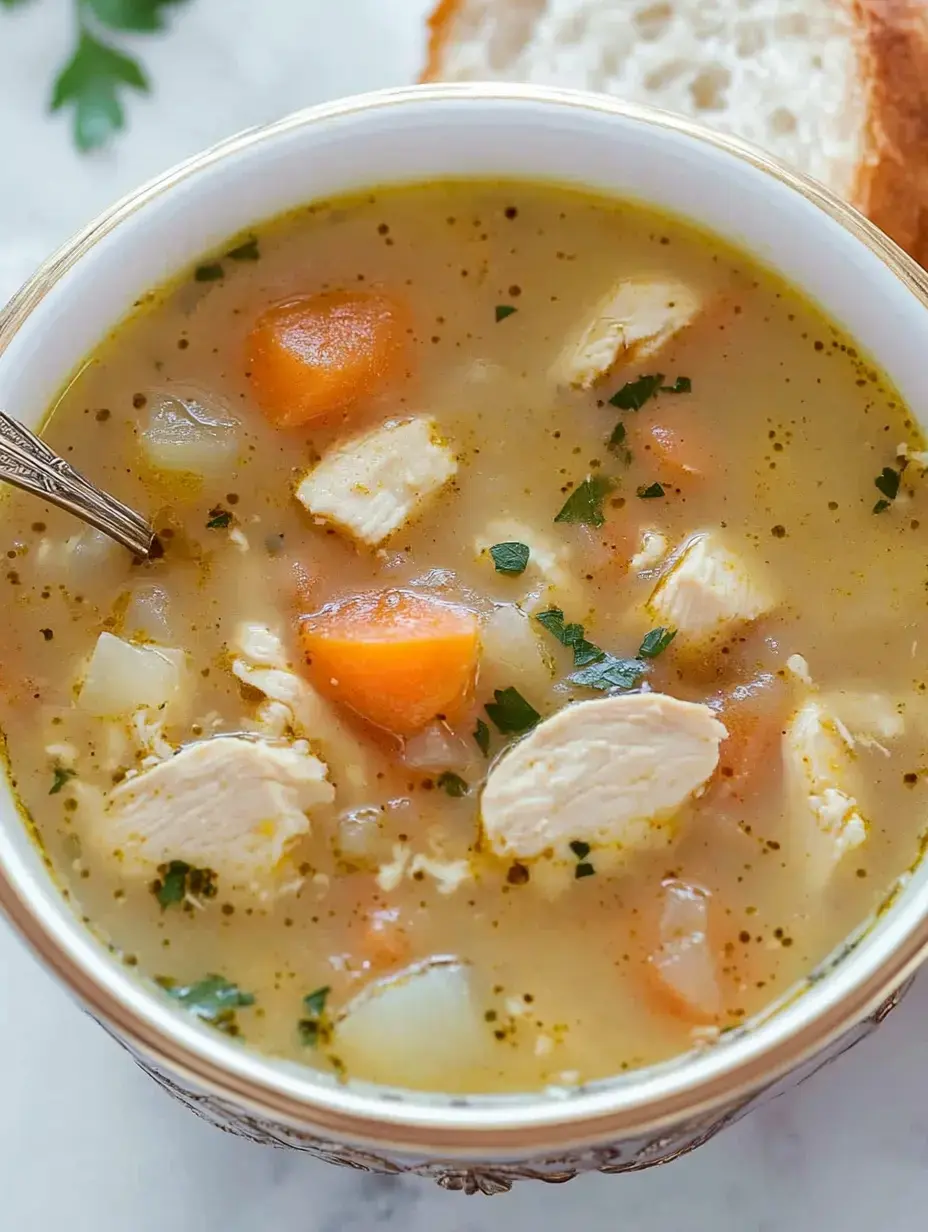Eine Schale kräftige Hähnchensuppe mit Karotten, Kartoffeln, Kräutern und einem Stück Brot.