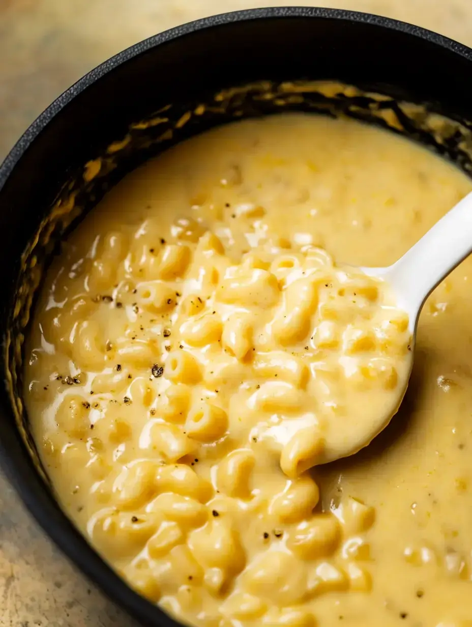 Schwarzer Topf voller cremigem Mac and Cheese, ein Löffel holt eine Portion heraus.