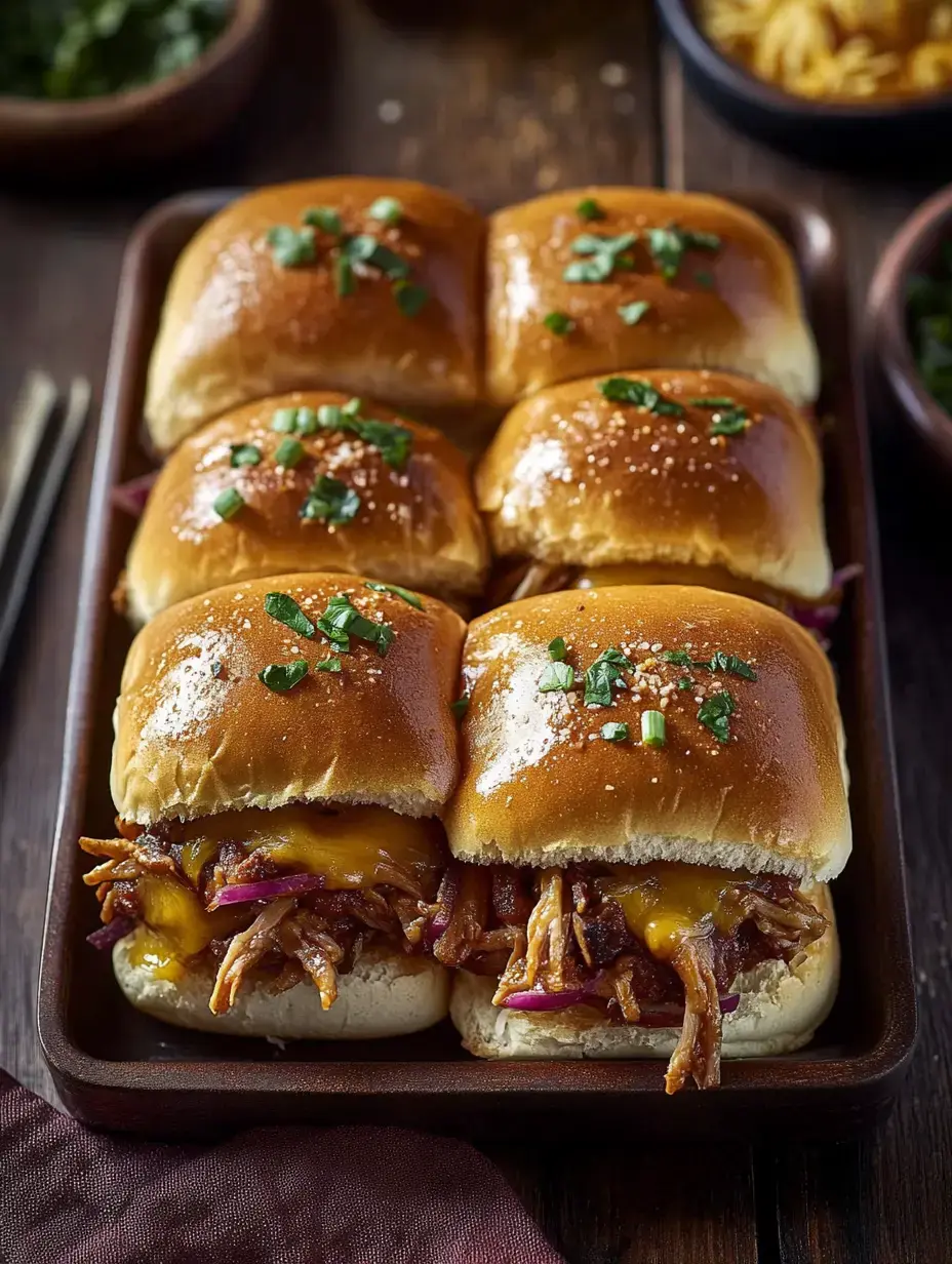 Eine Platte mit sechs Pulled-Pork-Slidern mit Käse und Frühlingszwiebeln auf leicht getoasteten Brötchen.