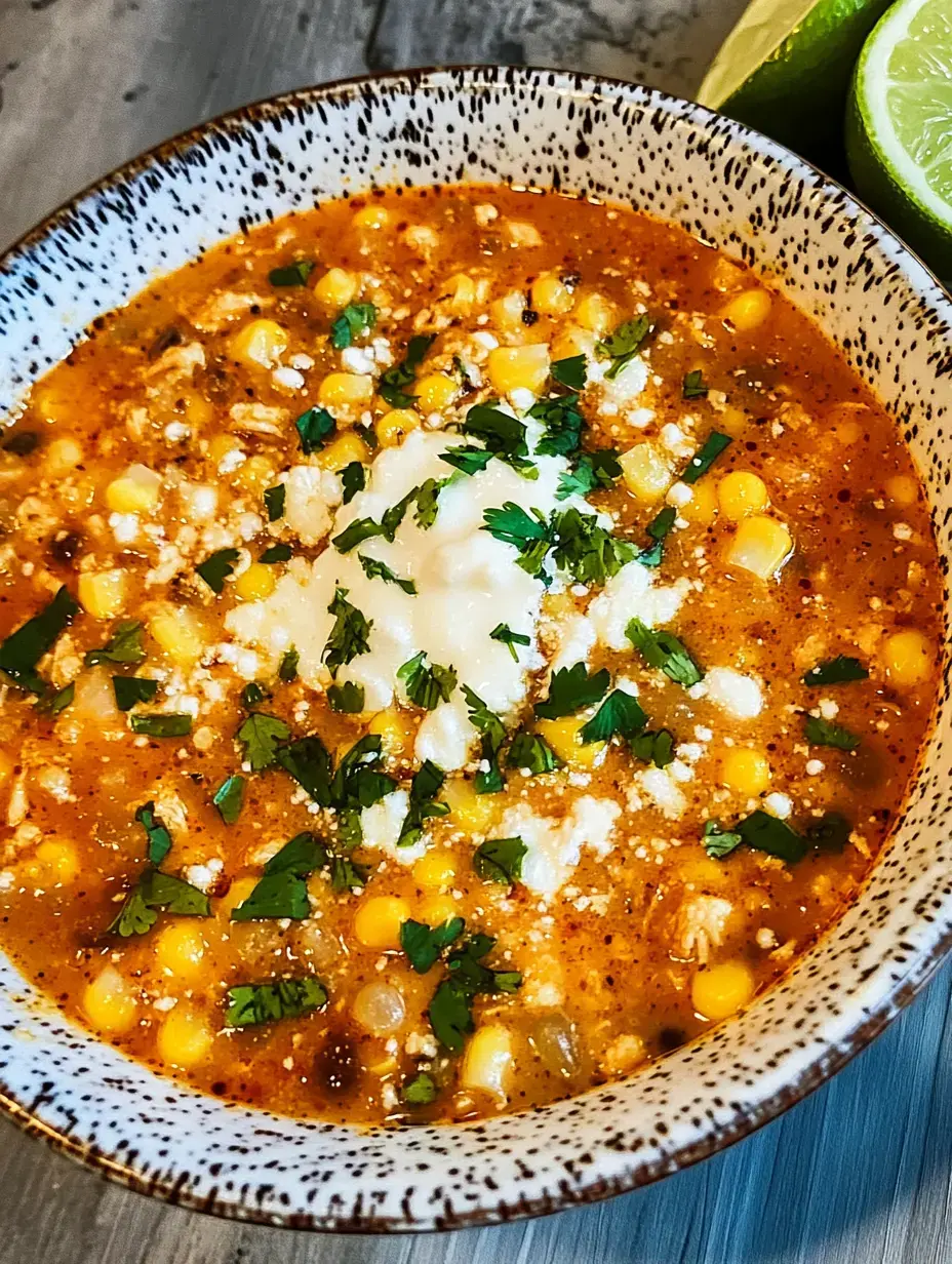 Eine Schale mit bunter Maissuppe, getoppt mit Koriander, Feta und einem Klecks Sauerrahm; Limettenspalten dabei.