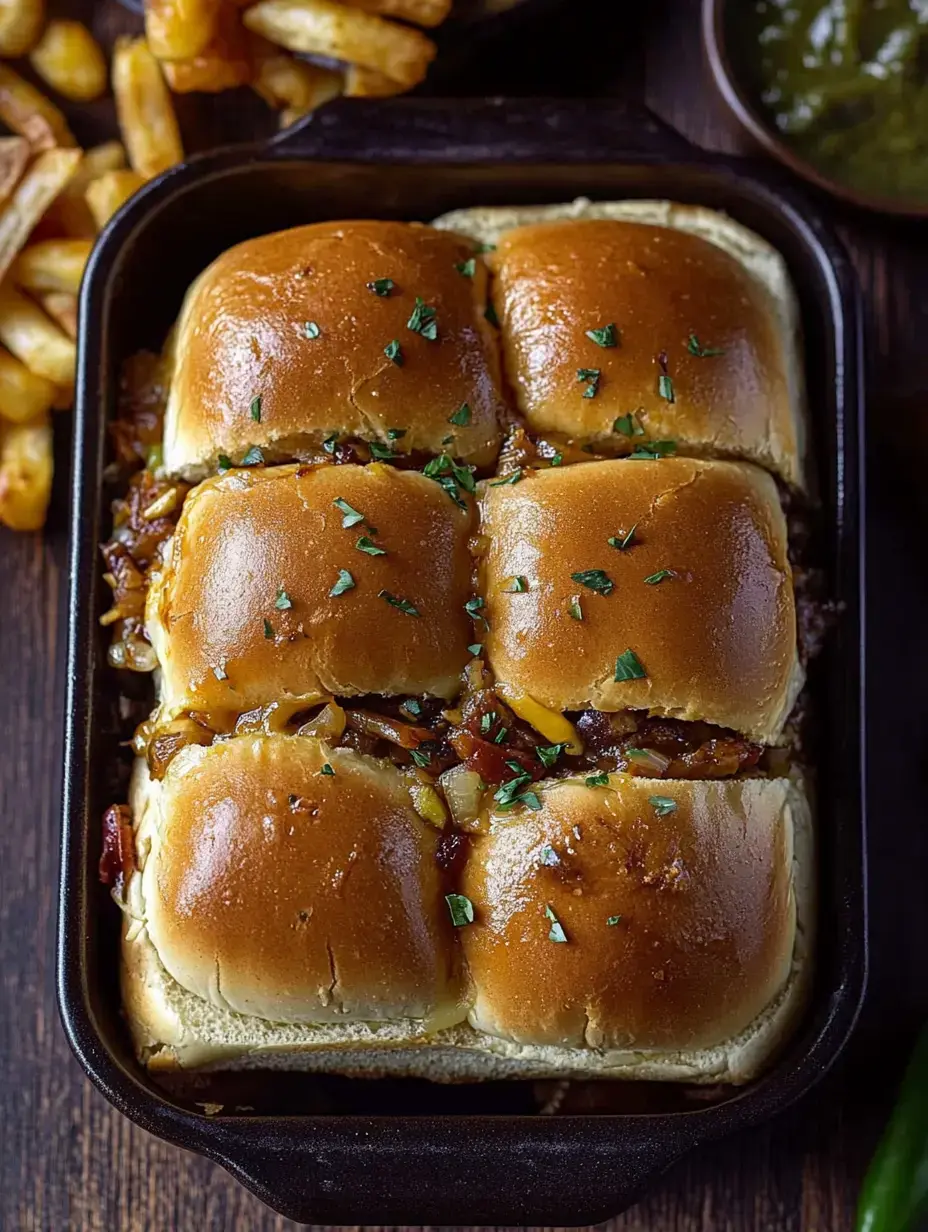 Eine Auflaufform mit vier goldbraunen Mini-Burgern, garniert mit gehackten Kräutern, dazu Pommes und eine kleine Schüssel mit grüner Soße.