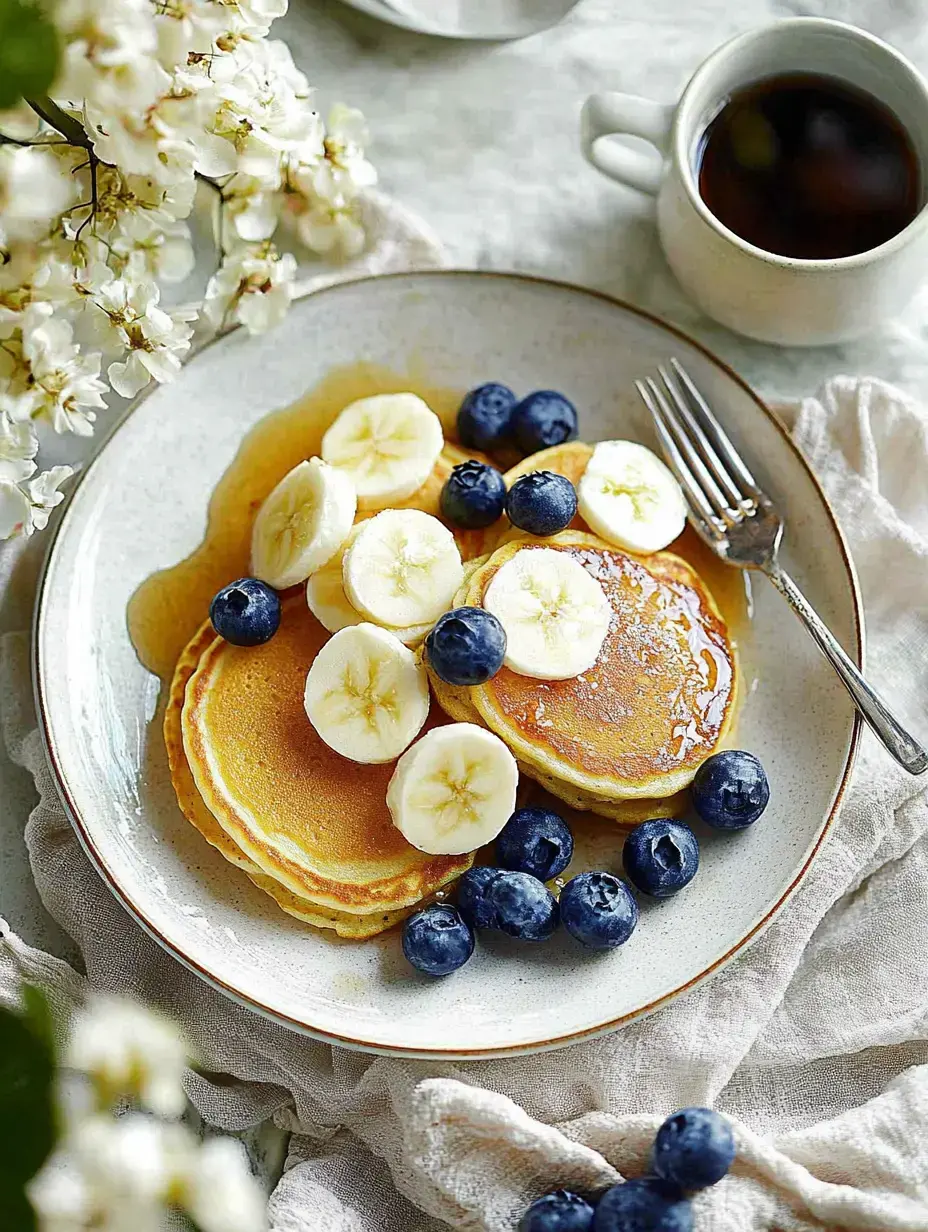 Ein Teller fluffiger Hotcakes, mit Bananenscheiben und Blaubeeren getoppt, Sirup läuft darüber, daneben Kaffee und Blumen.