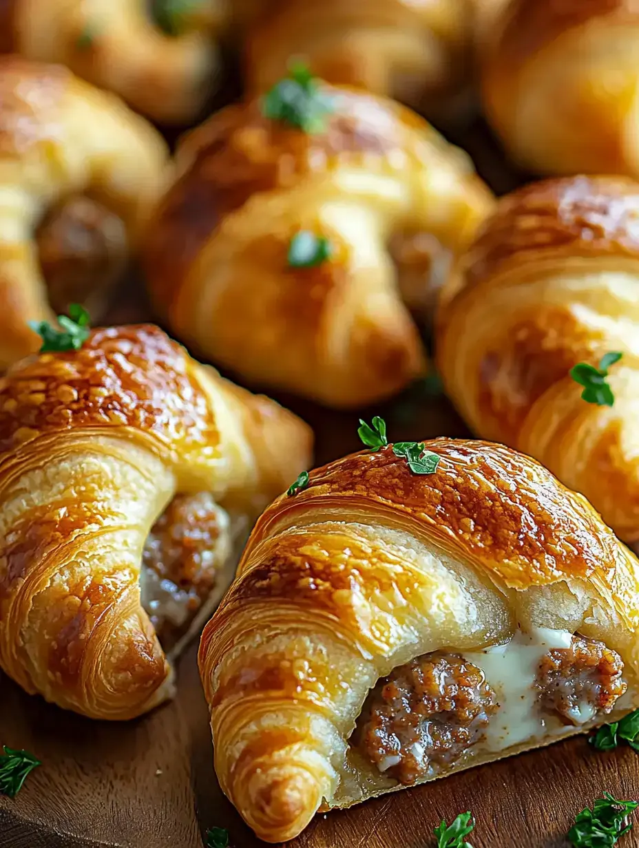 Eine Nahaufnahme von goldbraunen Hörnchen gefüllt mit herzhaftem Wurstbrät und Käse, garniert mit kleinen grünen Kräutern.