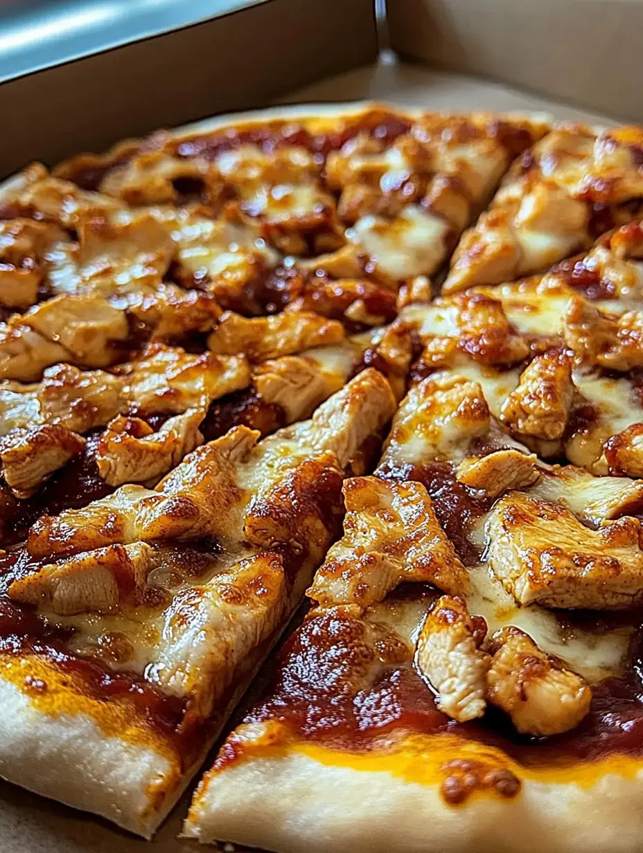 Pizza mit schmelzendem Käse, BBQ-Soße und Hähnchenstücken, eingeschnitten im Pizzakarton – Nahaufnahme.