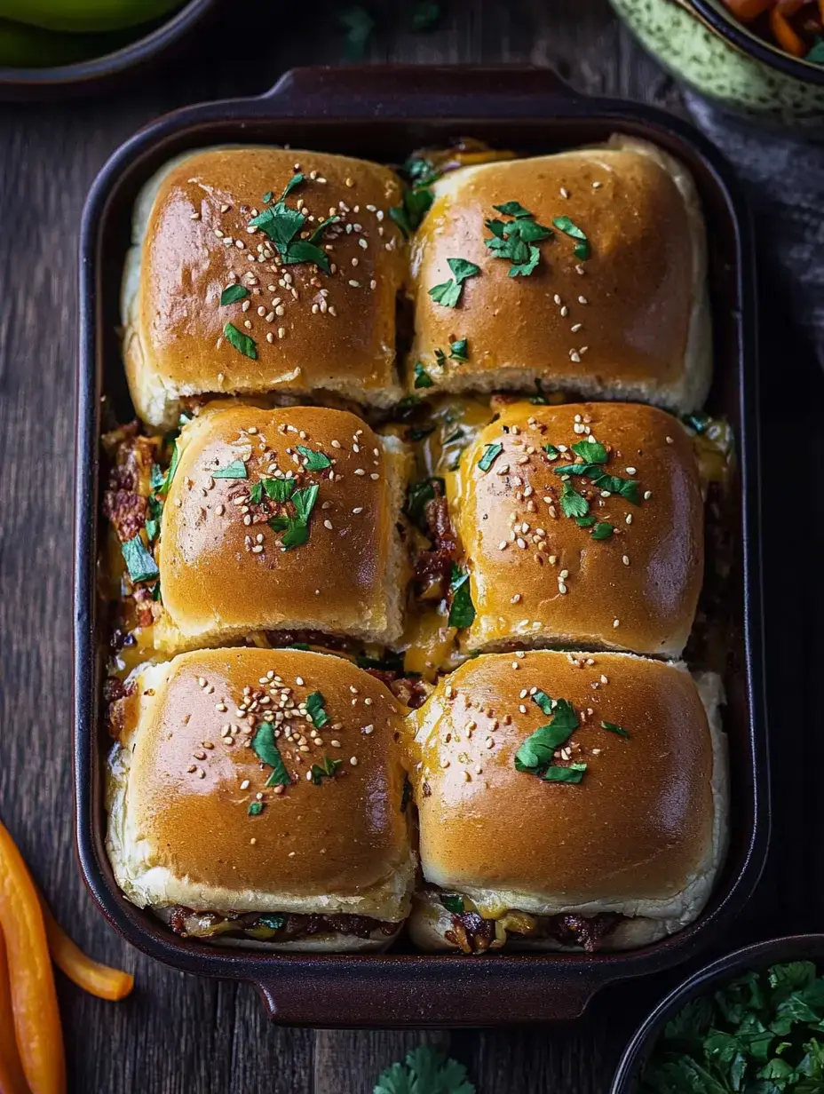 Eine Nahaufnahme einer Auflaufform mit sechs Sesam-Brötchen gefüllt mit Fleisch und Käse, garniert mit frischer Petersilie.