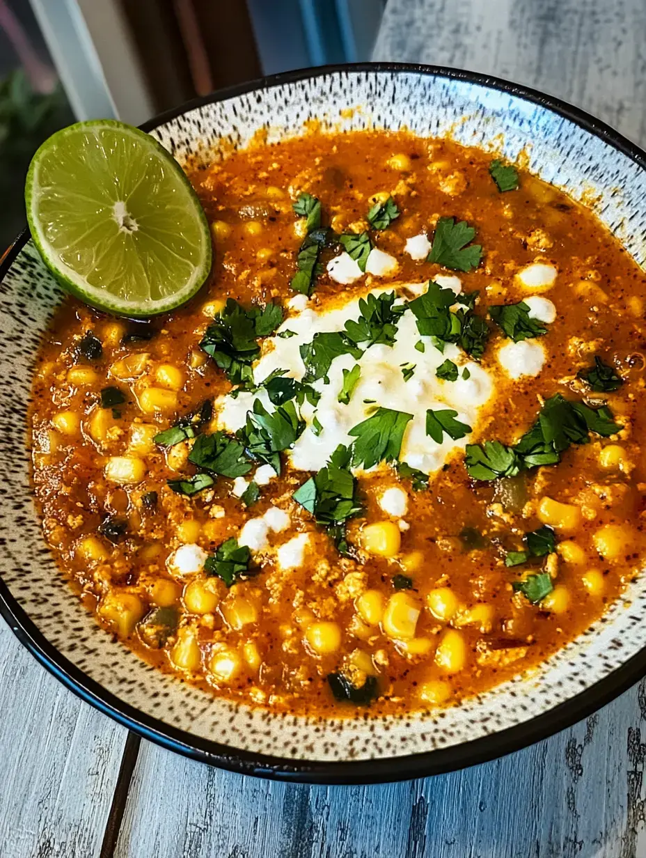 Eine Schale scharfe Maissuppe, garniert mit frischem Koriander, weißem Käse und Limette.