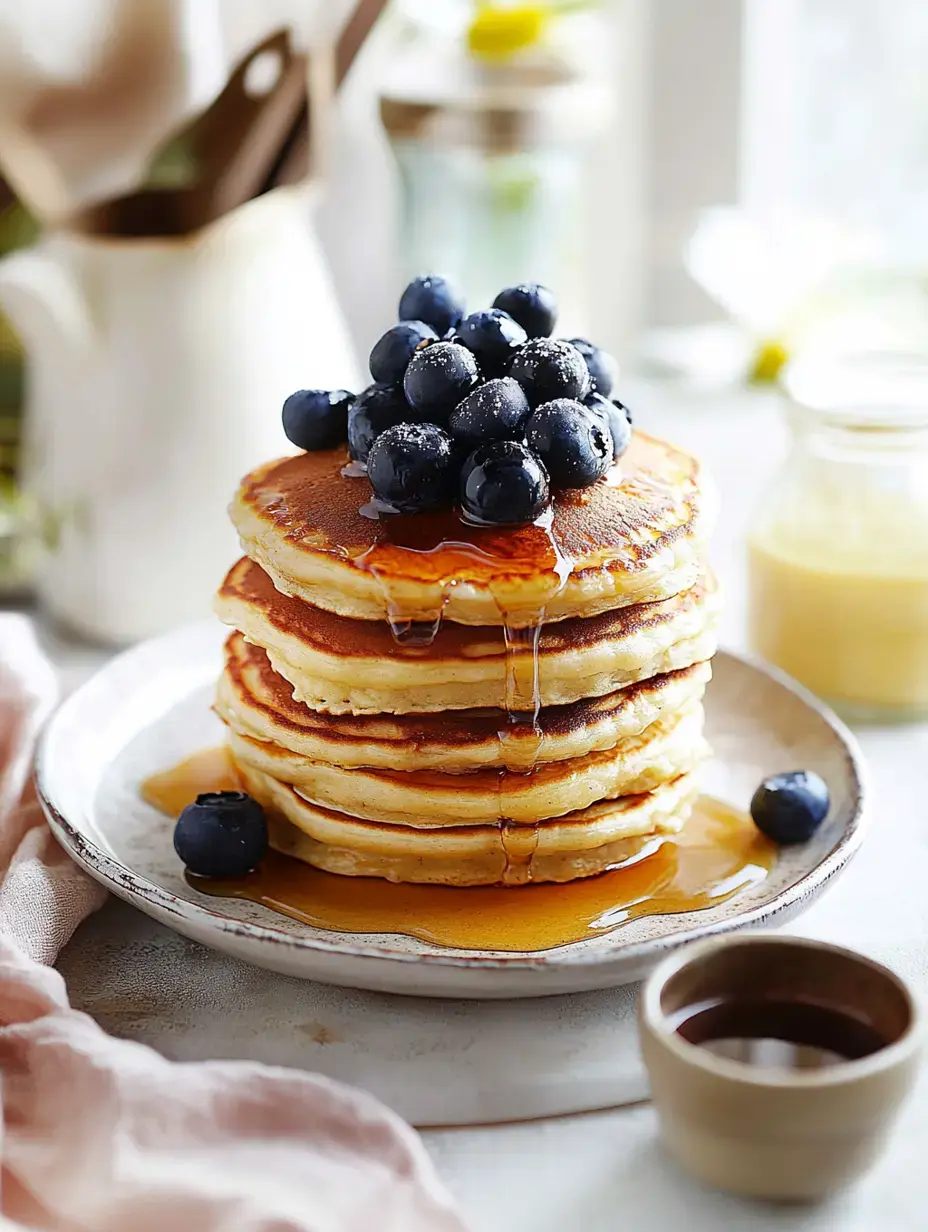 Ein Stapel fluffiger Hotcakes, garniert mit Blaubeeren und Sirup auf einem Teller.