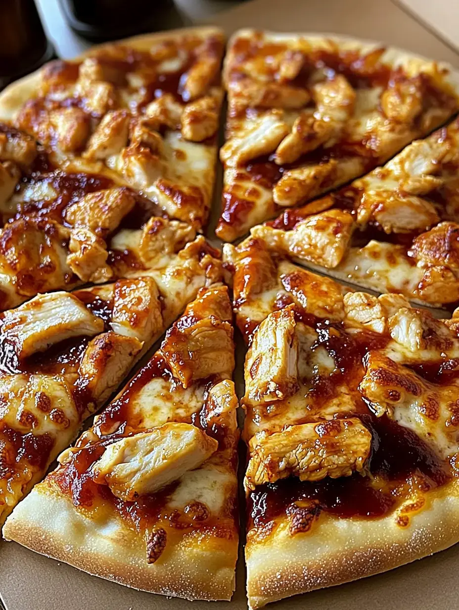 Pizza mit Hähnchenstücken und BBQ-Soße, in Stücke geschnitten – Nahaufnahme.