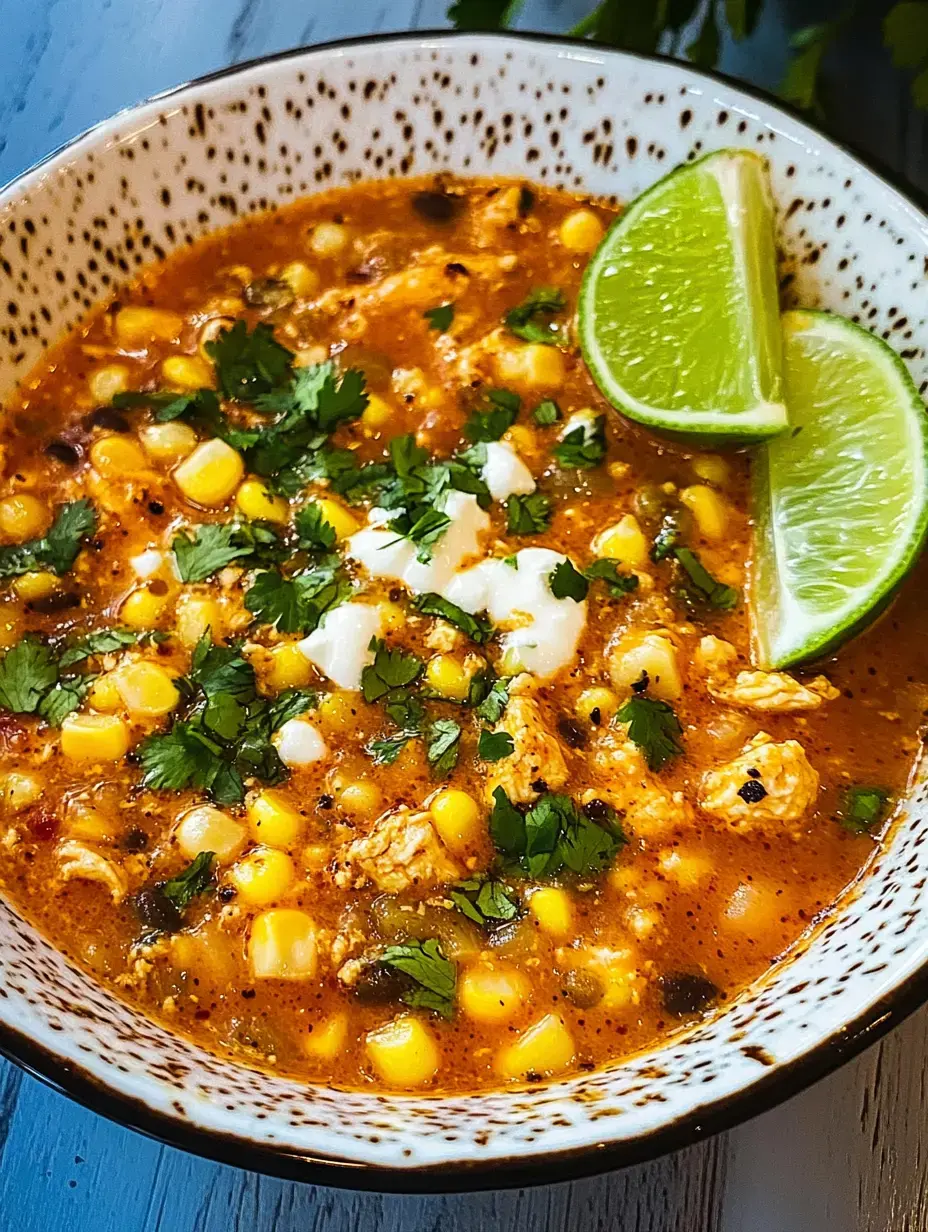 Nahaufnahme einer Suppe mit Mais, Hähnchen, Koriander und Limetten.