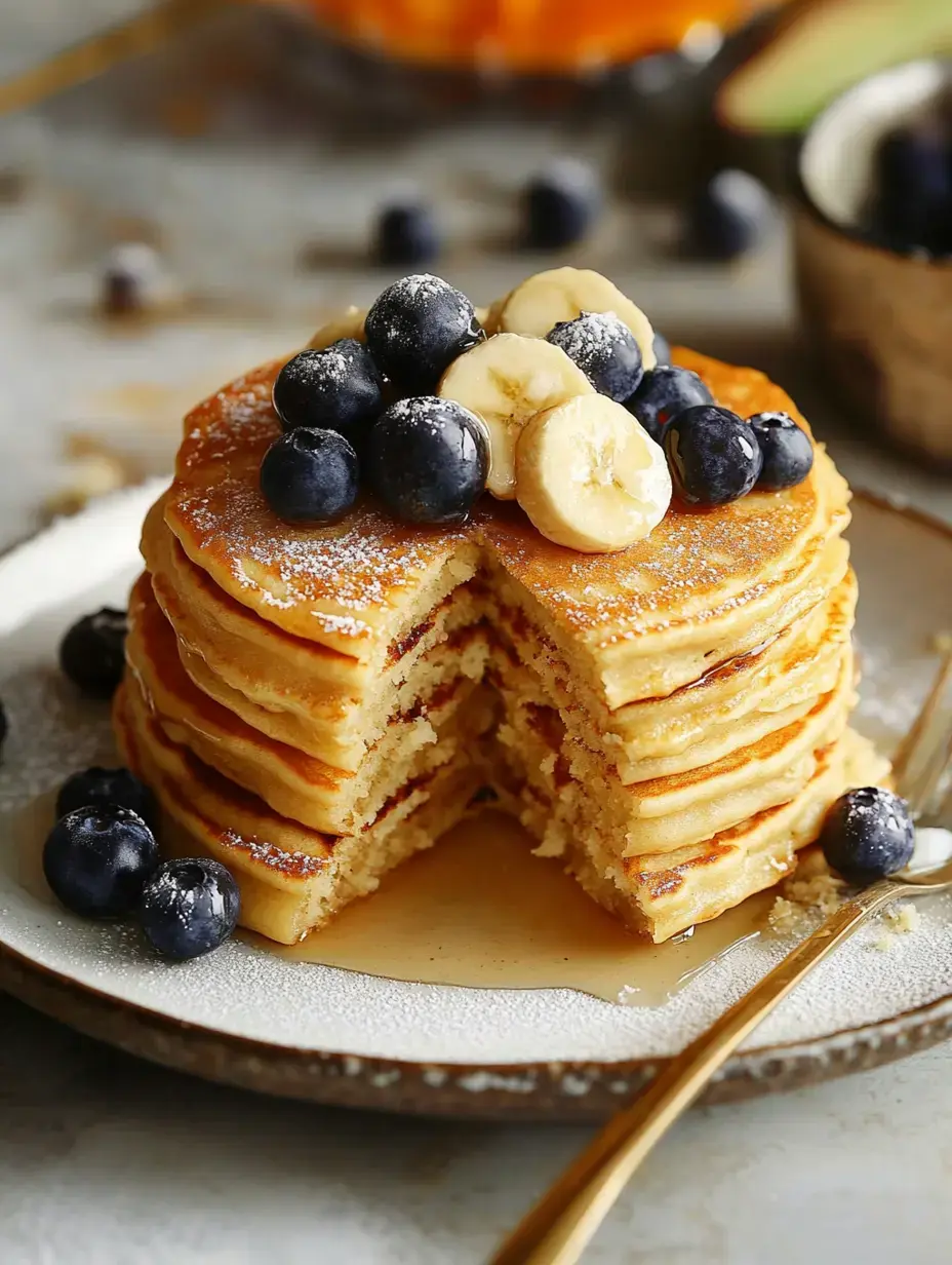 Fluffige Hotcakes, gestapelt mit Blaubeeren und Bananenscheiben und Sirup, ein Stück ist schon rausgeschnitten.