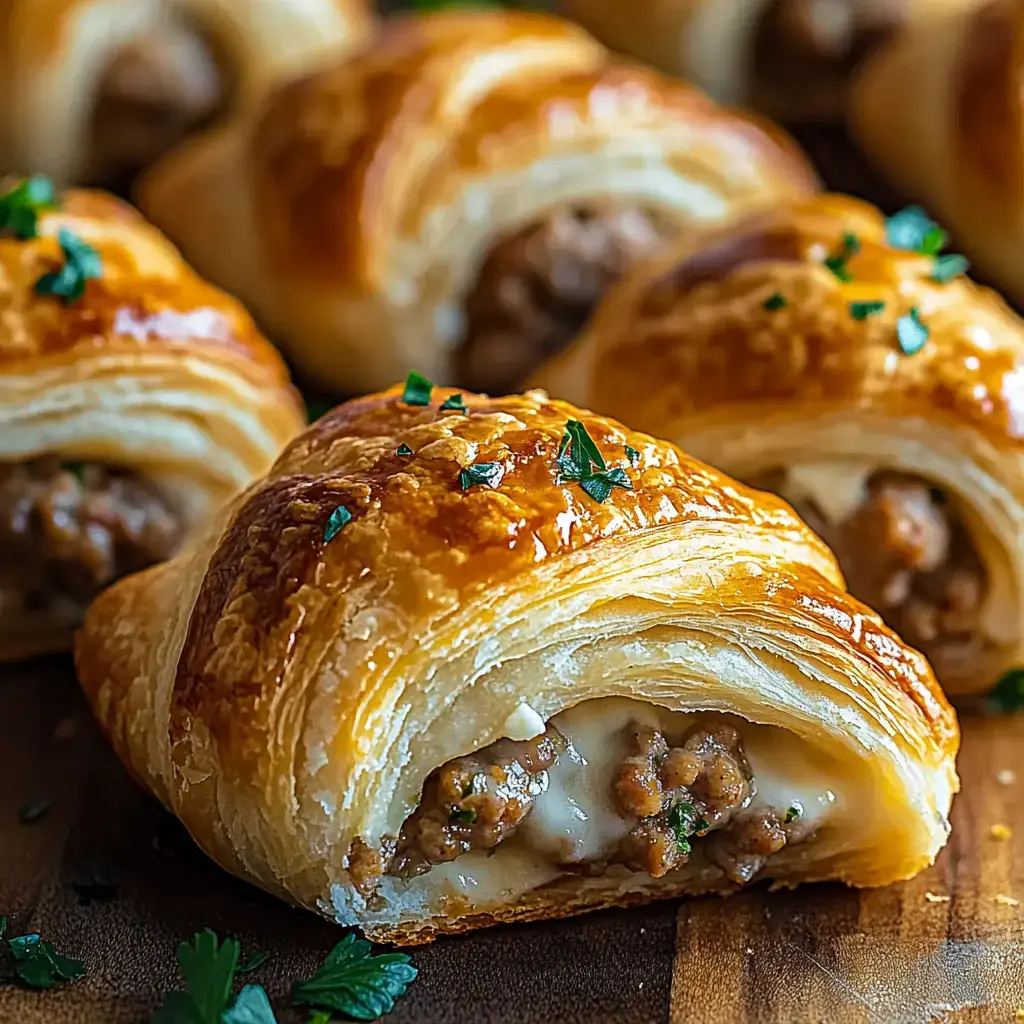 Eine Nahaufnahme von goldenen, blättrigen Gebäckrollen gefüllt mit Fleisch und Käse, garniert mit grünen Kräutern.