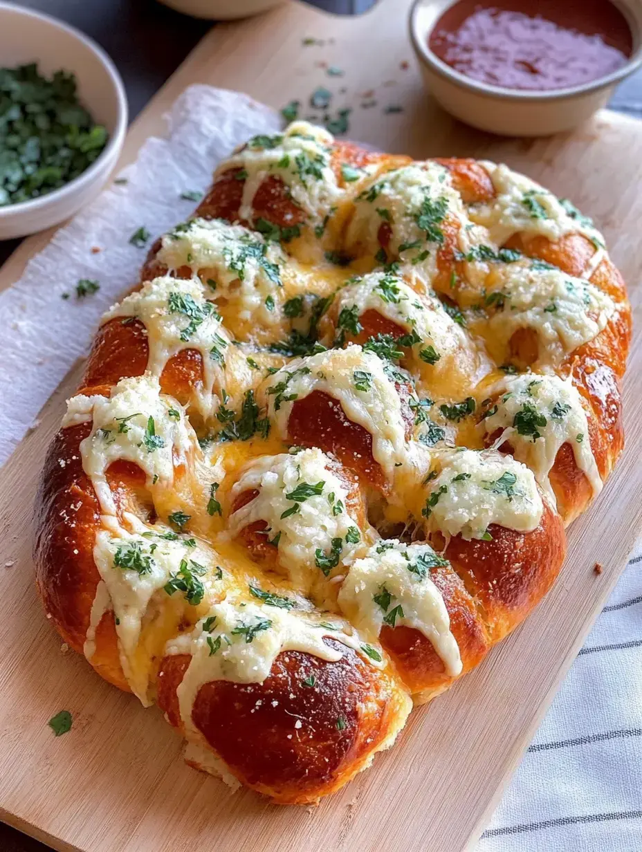 Ein frisch gebackenes käsiges Zupfbrot mit Kräutern, auf einem Holzbrett, daneben Schälchen mit Dip und gehackten Kräutern.