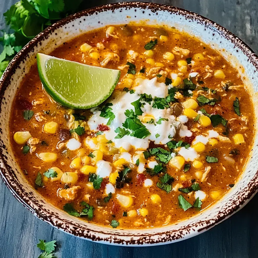 Eine Schale voll Suppe mit Mais, Hähnchen, Koriander, cremigem Topping und Limettenspalte.