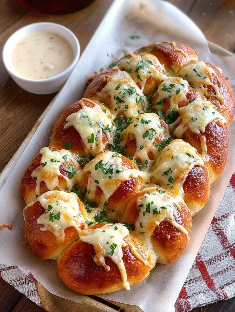 Ein frisch gebackenes, käsiges Zupfbrot mit Petersilie, serviert mit einer kleinen Schüssel Dip-Sauce.