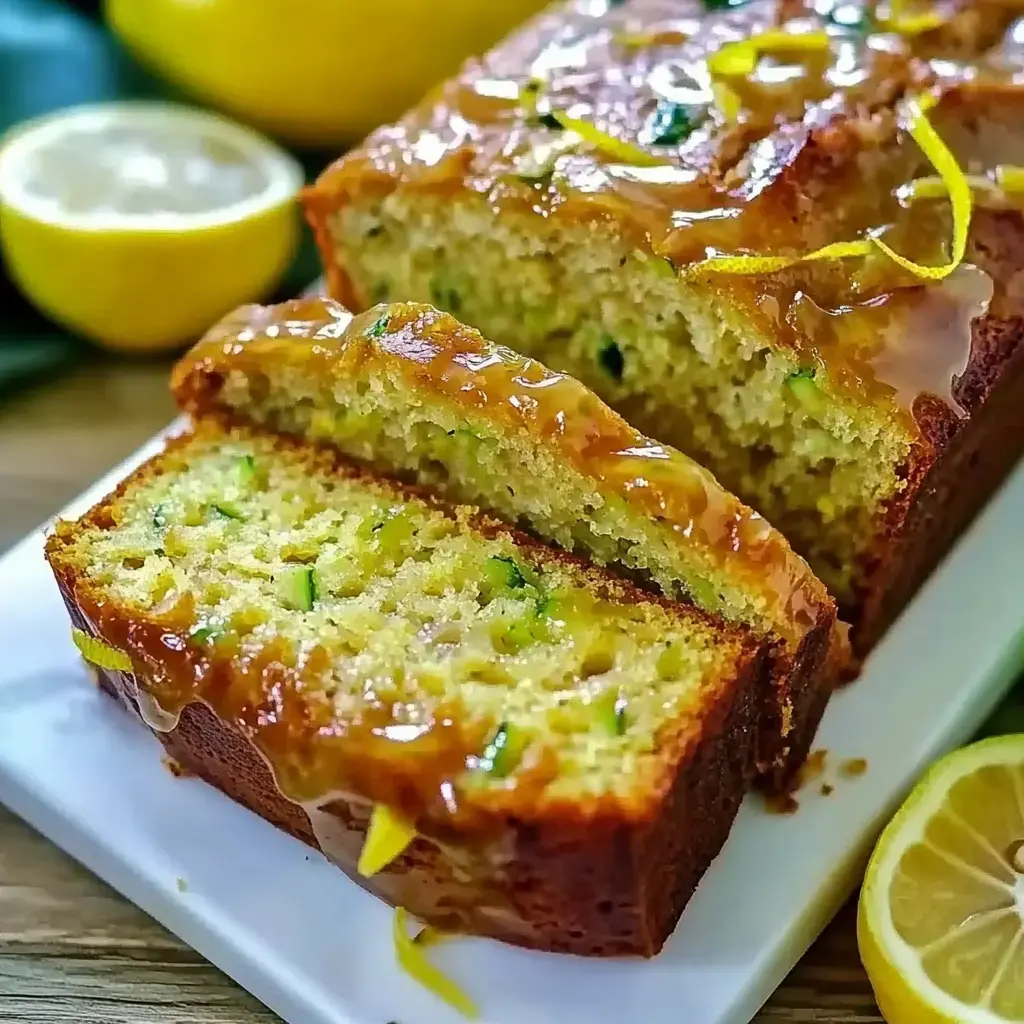 Ein frisch gebackenes Zitronen-Zucchini-Brot mit glänzendem Guss und Zitronenschale on top, daneben aufgeschnittene Zitronen auf Holztisch.