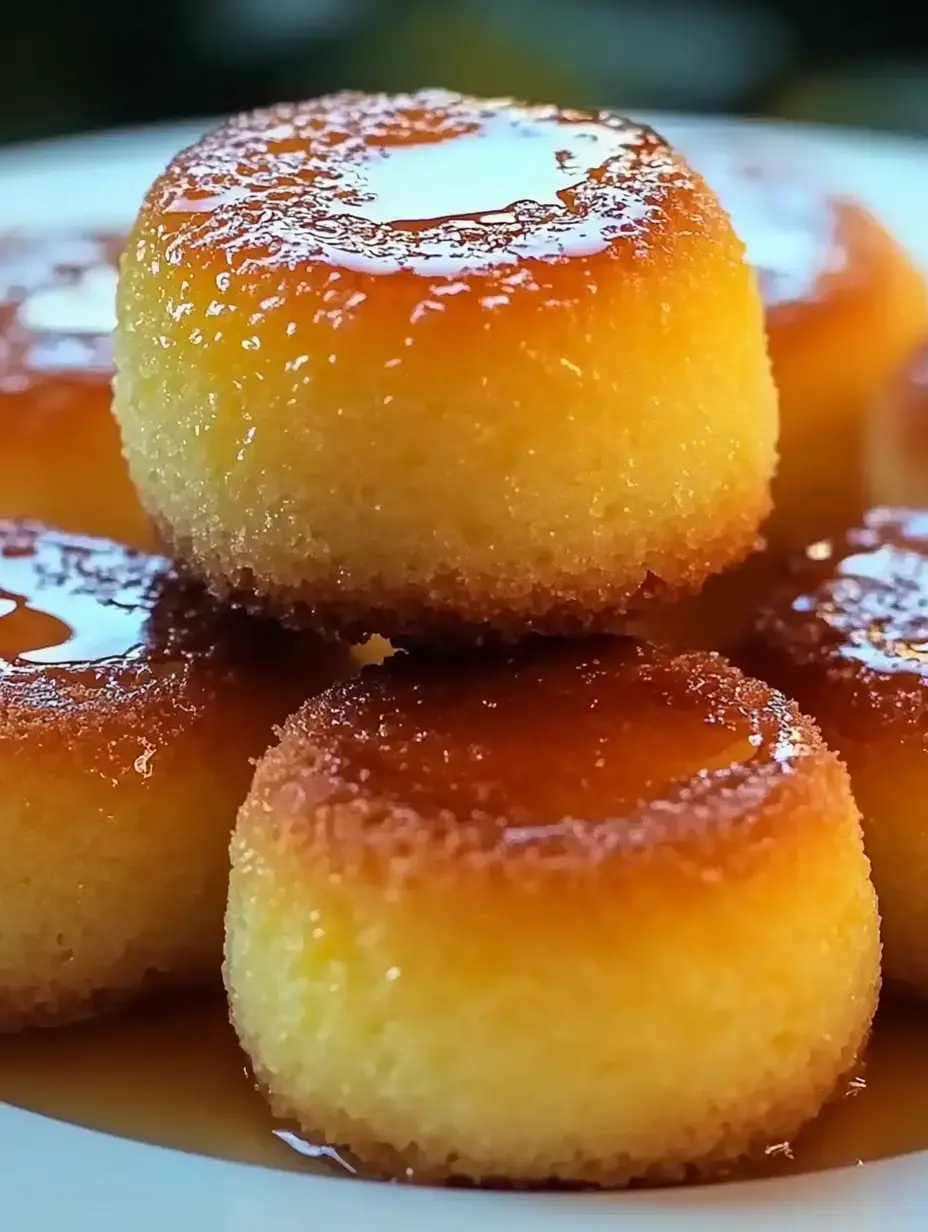 Eine Nahaufnahme goldener, runder Gebäckstücke mit Sirup beträufelt auf einem weißen Teller.