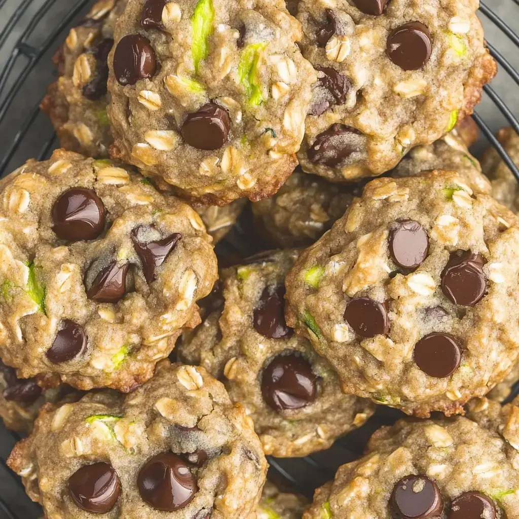 Nahaufnahme von frisch gebackenen Keksen mit Schokostückchen und Zucchiniflecken auf einem Gitter.