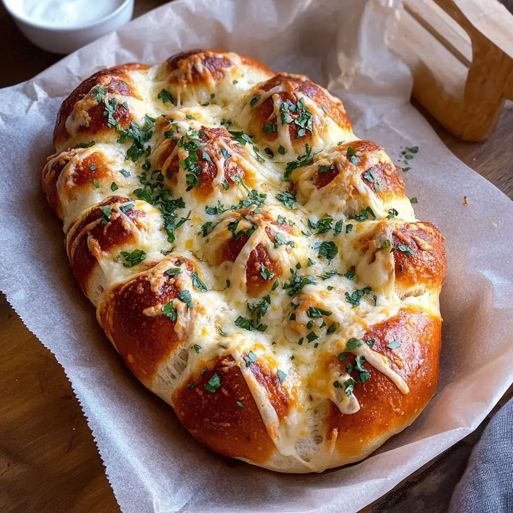 Ein frisch gebackenes Käse-Zupfbrot mit Kräutern liegt auf Backpapier.