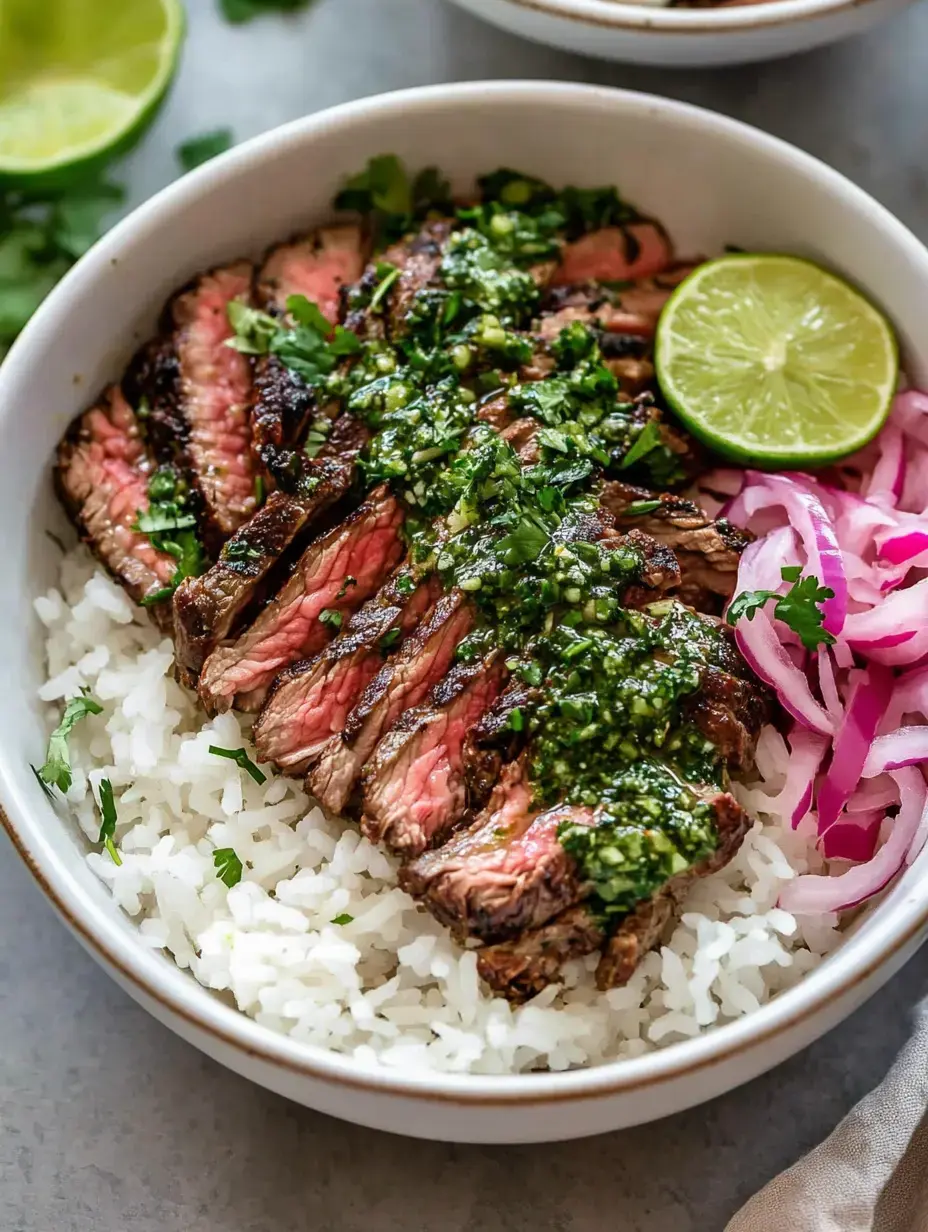 Eine Schale mit weißem Reis, darauf angebratenes Steak in Streifen, dazu grüne Sauce, frischer Koriander, eingelegte Zwiebeln und ein Limettenstück.