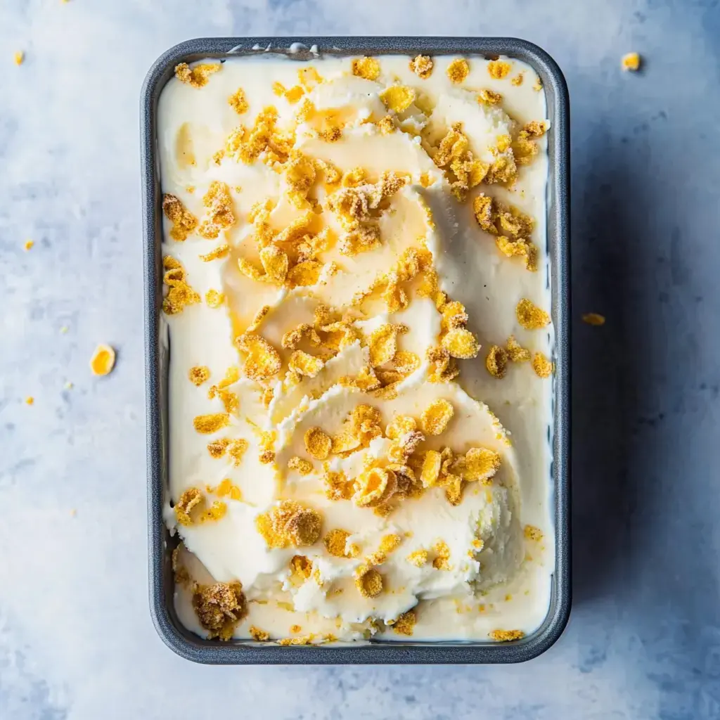 Eine eckige Eisdose, obenauf zerbröselte Cornflakes, steht auf heller Oberfläche.