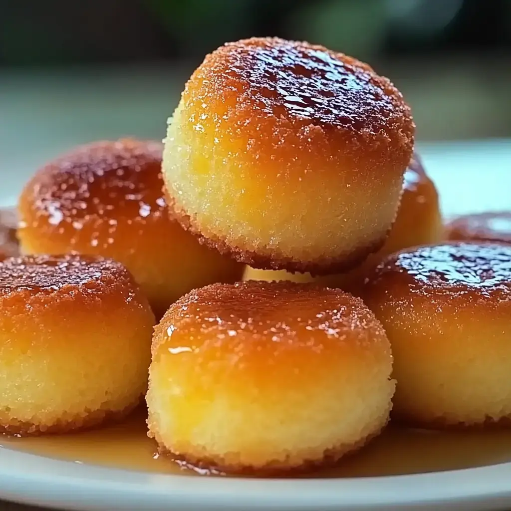 Ein Teller mit goldenen, sirupglasierten Mini-Kuchen, die verlockend gestapelt sind.