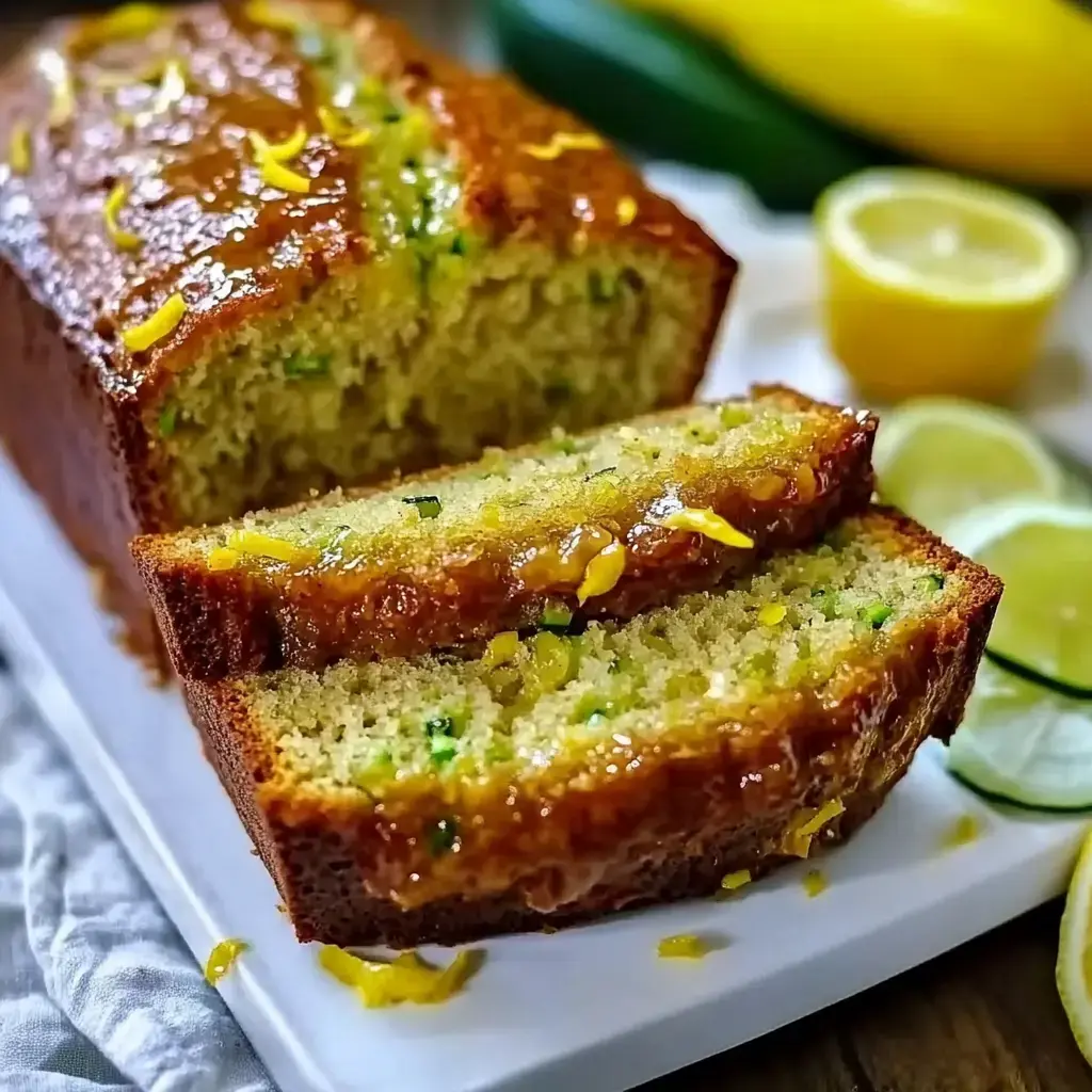 Ein angeschnittenes Zucchinibrot mit glänzendem Guss und gelbem Abrieb oben drauf, auf einem weißen Teller. Daneben Zitrusscheiben.