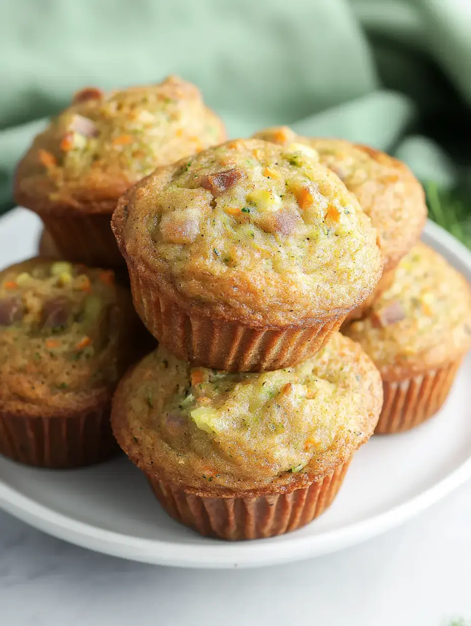 Ein Stapel frisch gebackener, herzhafter Muffins mit Gemüse auf einem weißen Teller.
