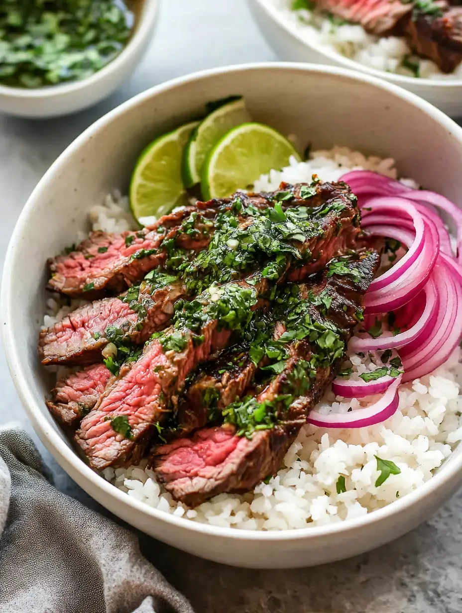 Eine Bowl mit Reis, darauf gegrilltes Steak in Scheiben, frische Kräuter, eingelegte rote Zwiebeln und Limettenstücke.