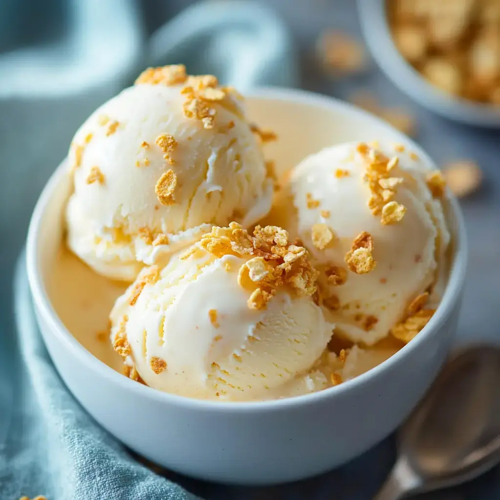 Schüssel mit Vanilleeis und goldenen Crunchy-Flakes obendrauf.