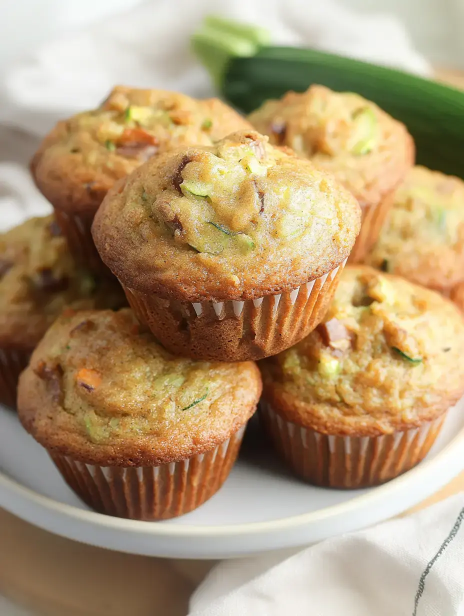 Ein Stapel frisch gebackener Zucchini-Muffins auf einem weißen Teller, hinten liegt eine ganze Zucchini.
