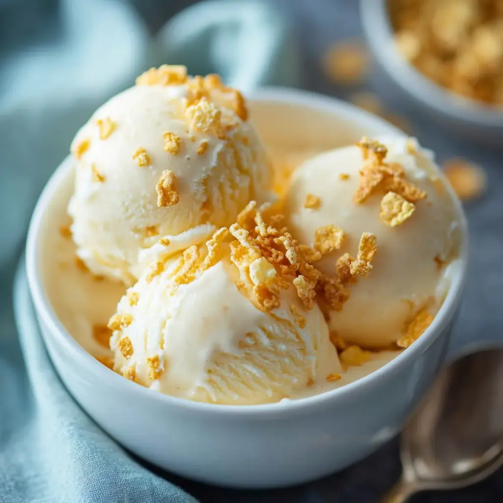 Schale mit Eis, obendrauf knusprige Müsli-Flocken.