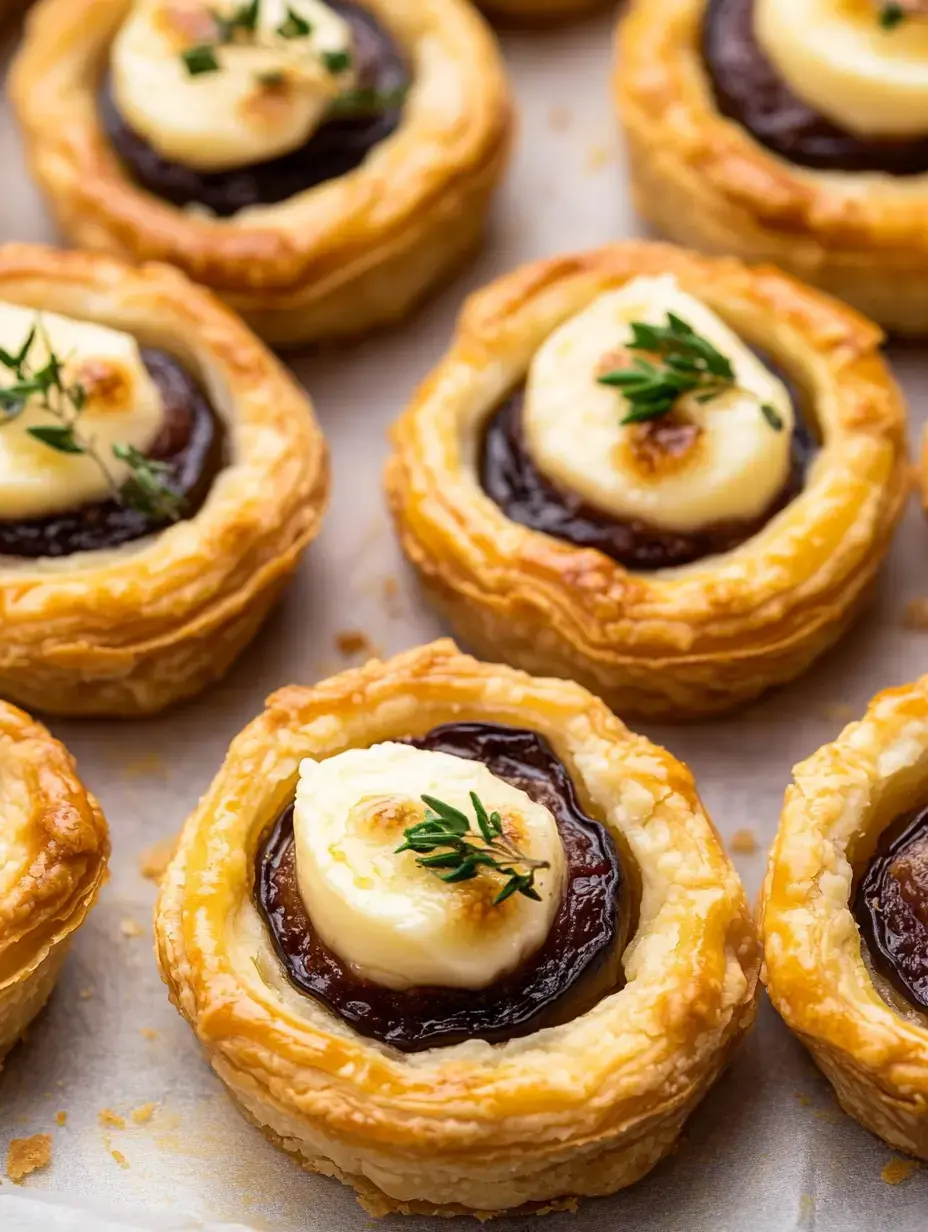 Eine Nahaufnahme von goldenen Gebäcktörtchen gefüllt mit dunkler Fruchtmarmelade und garniert mit einem Klecks Sahne und Thymianzweig.