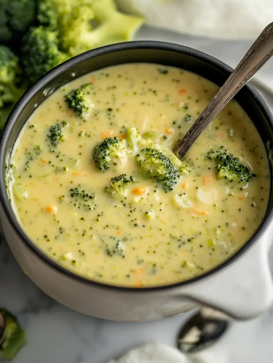 Eine cremige Brokkoli-Suppe landet in einer schwarzen Schüssel, Löffel dazu, frischer Brokkoli außenrum.