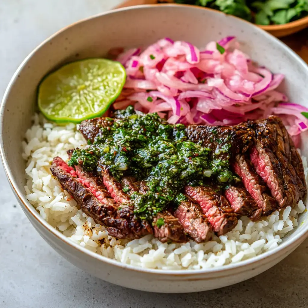 Schale Reis, obenauf geschnittenes Steak, übergossen mit grüner Sauce, dazu eingelegte Zwiebeln und Limette.
