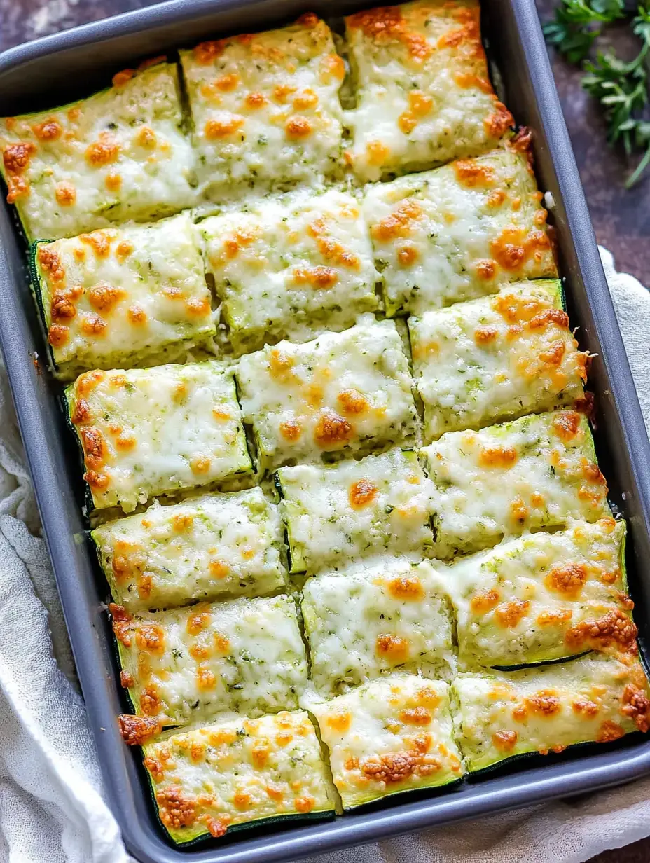 Gebackene Zucchini-Lasagne wird in einer grauen Auflaufform präsentiert, in quadratische Portionen geschnitten, mit geschmolzenem Käse, der oben blubbert.