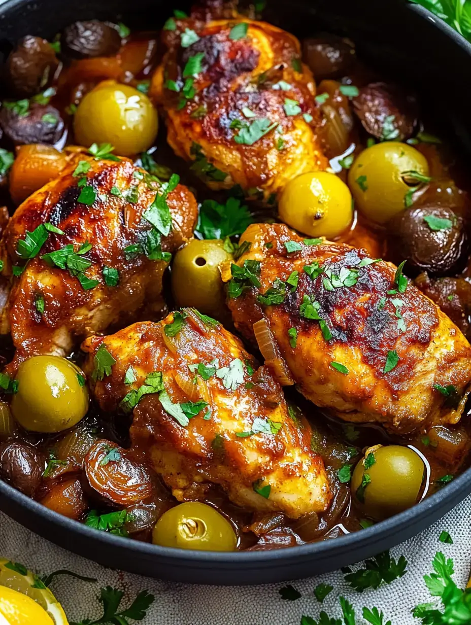 Saftig gebratene Hähnchenschenkel, getoppt mit Koriander, grünen Oliven und dunklen, karamellisierten Zwiebeln in würziger Sauce – Nahaufnahme.