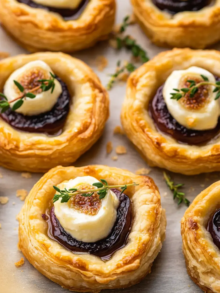 Eine Nahaufnahme von einzelnen Gebäcktörtchen gefüllt mit dunkler Fruchtmarmelade und einem Klecks cremigem Käse, garniert mit Thymianzweig.