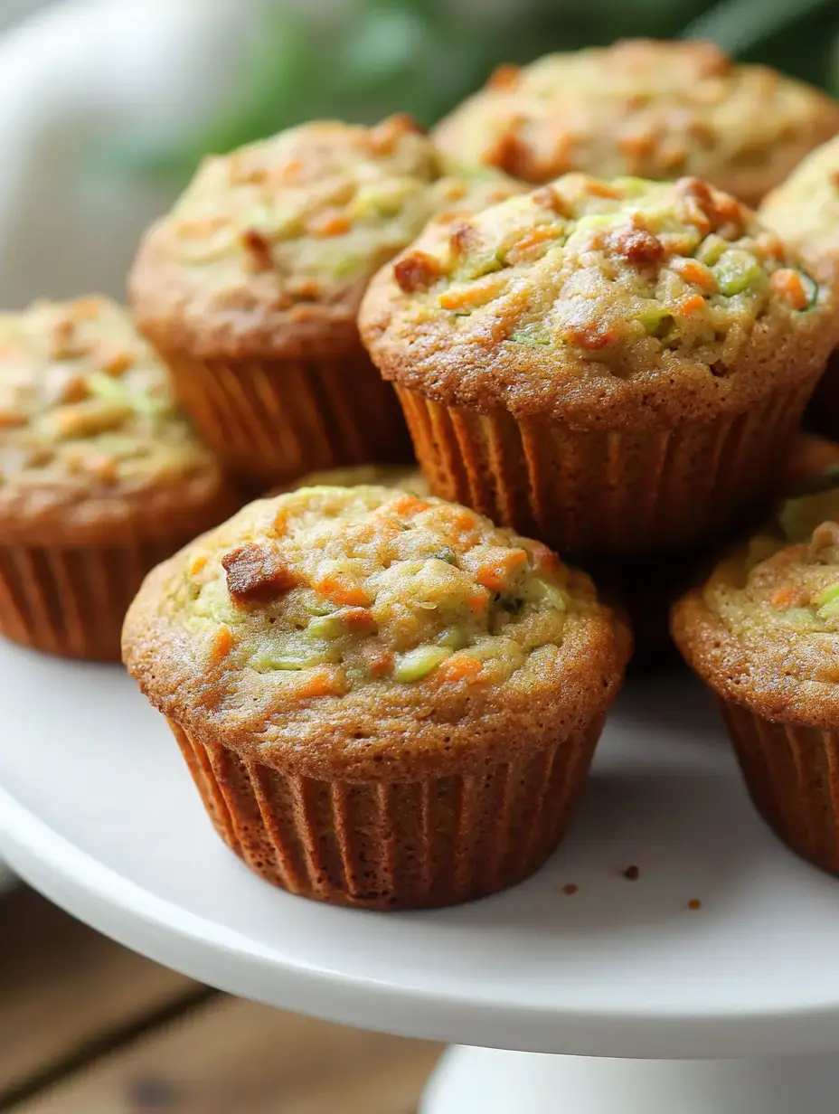 Nahaufnahme von frisch gebackenen Muffins mit goldbrauner Kruste und sichtbaren Karotten- und Zucchinistückchen auf einer Kuchenplatte.