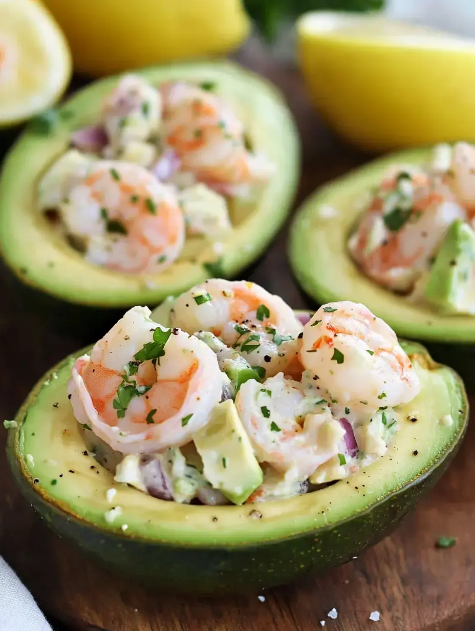 Eine halbierte Avocado ist mit Garnelensalat und Kräutern gefüllt, daneben ein paar Zitronenhälften.