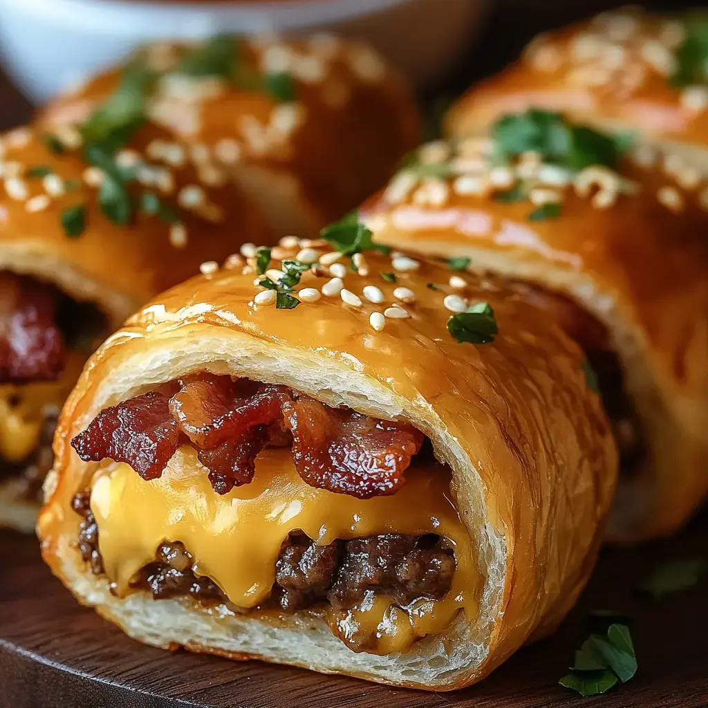 Eine Nahaufnahme eines gebackenen Teigröllchens gefüllt mit Hackfleisch, geschmolzenem Cheddar und knusprigem Speck, garniert mit Sesamsamen und Petersilie.