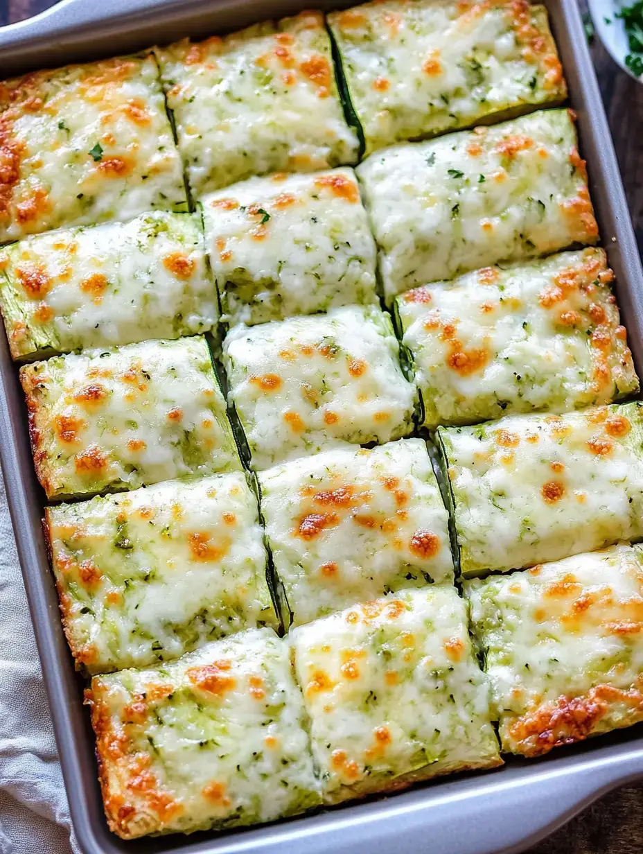 Eine Nahaufnahme einer rechteckigen Auflaufform gefüllt mit quadratischen Stücken gebackener Zucchini-Lasagne, bedeckt mit geschmolzenem Käse.