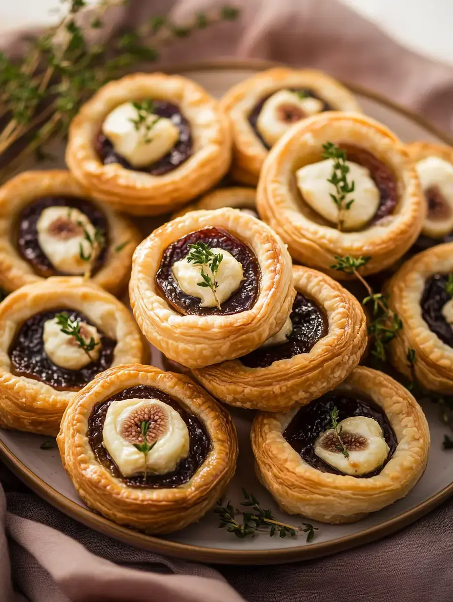Ein Teller mit goldenen Gebäcktörtchen gefüllt mit dunkler Fruchtmarmelade und garniert mit cremigem Käse und frischem Thymian.