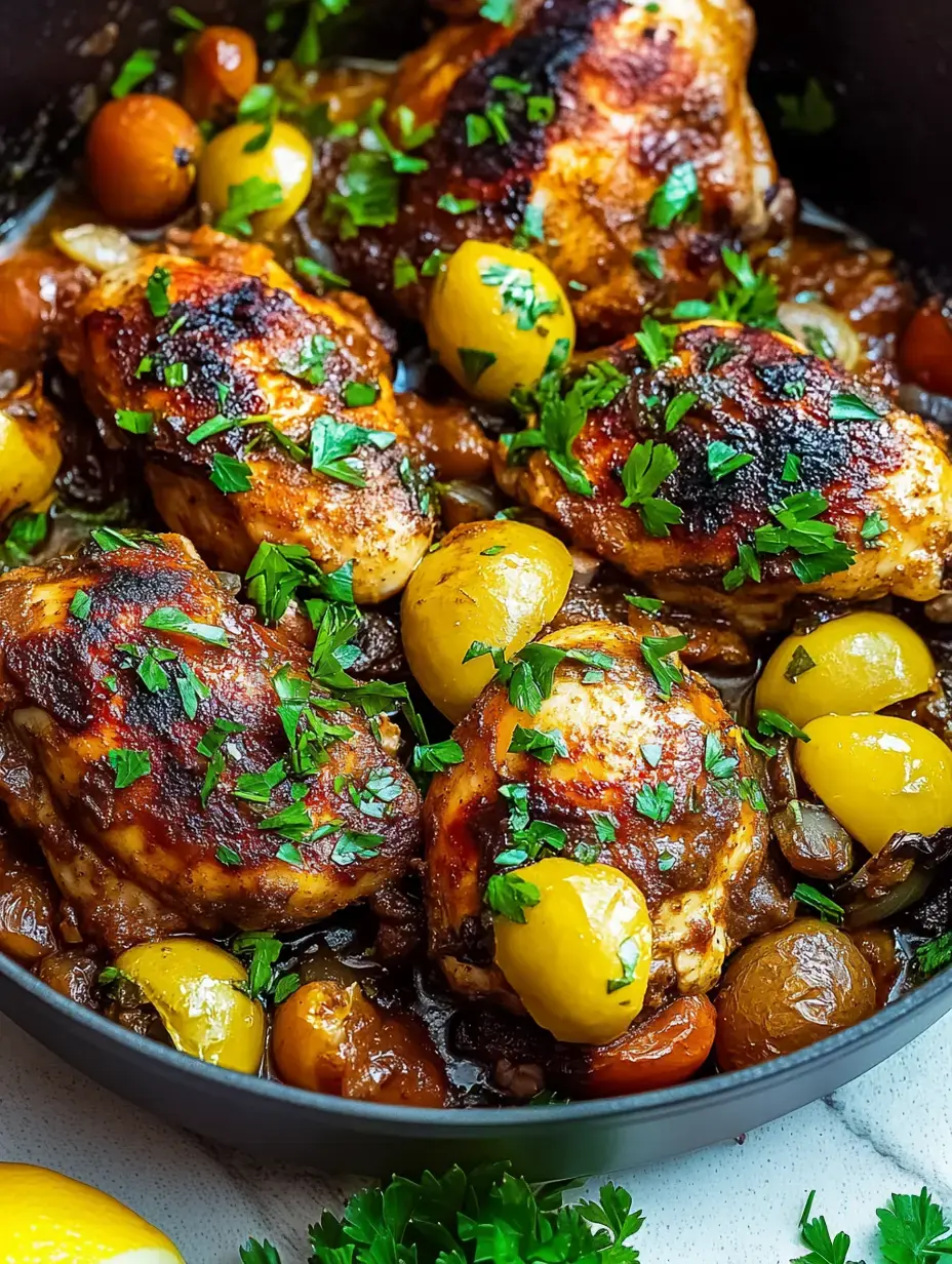 Knusprige Hähnchenschenkel mit frischer Petersilie, buntem Gemüse und leuchtender Sauce im dunklen Bräter – Nahaufnahme.